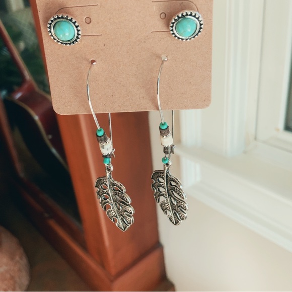 Boho Silver Tone Aqua Beaded Leaf Dangle Earrings and Turquoise Studs - Picture 6 of 16
